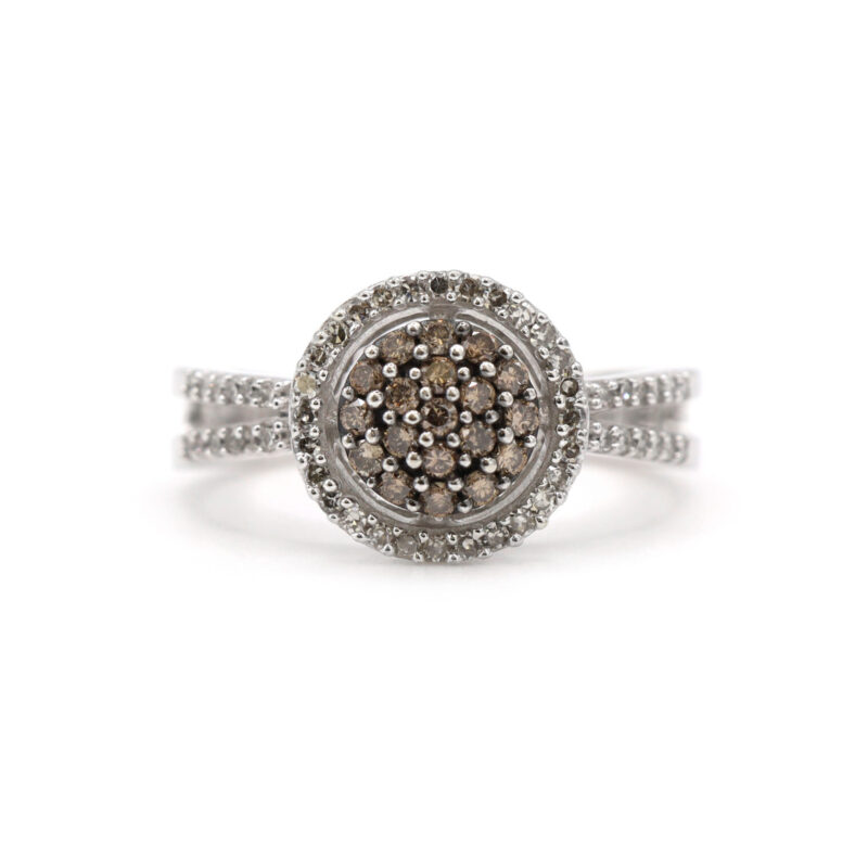 Brown And White Diamond Pave Halo Double Shank Statement Ring