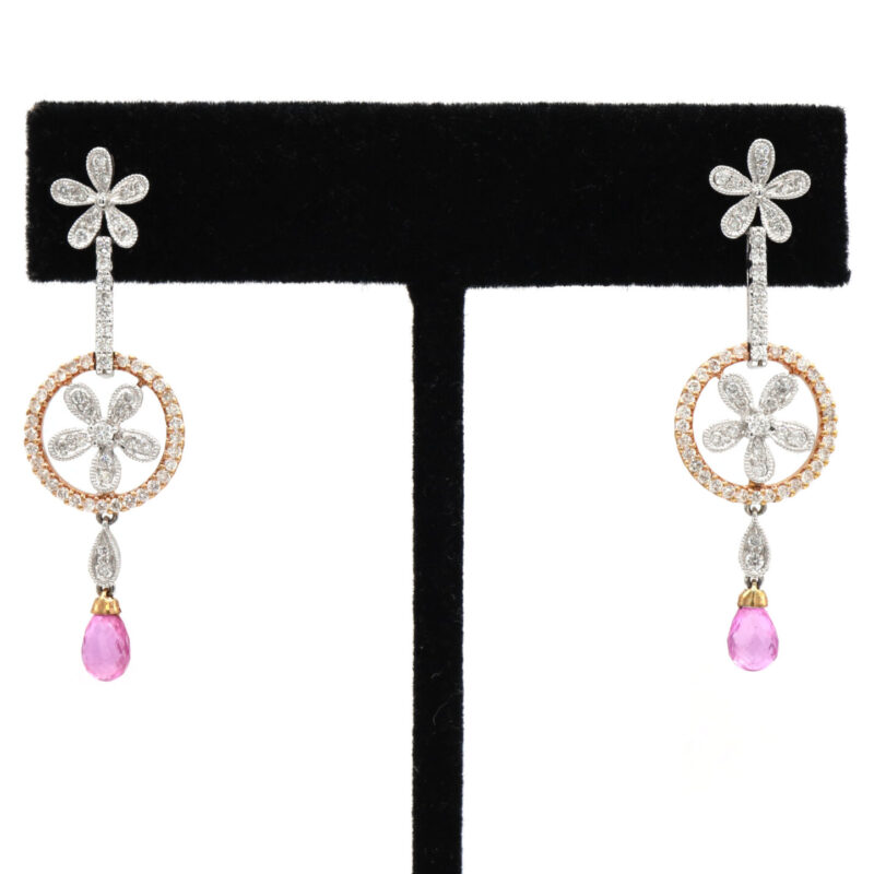 Pink Sapphire Briolette Diamond Flower Dangle Drop Earrings 18K Rose White Gold