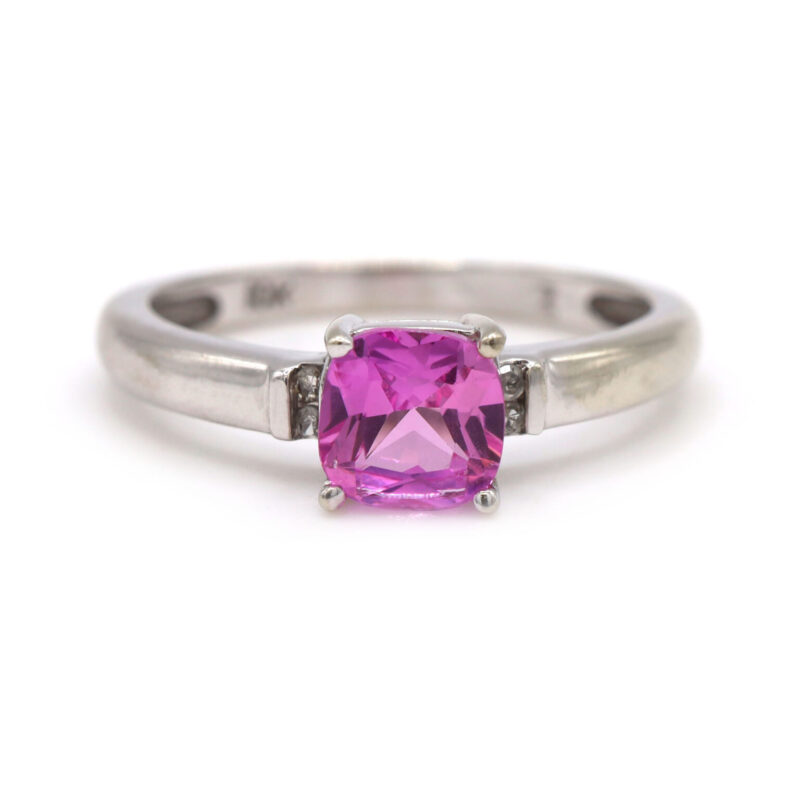 Pink Tourmaline Square Cushion Cut Diamond 10K White Gold Women's Ring