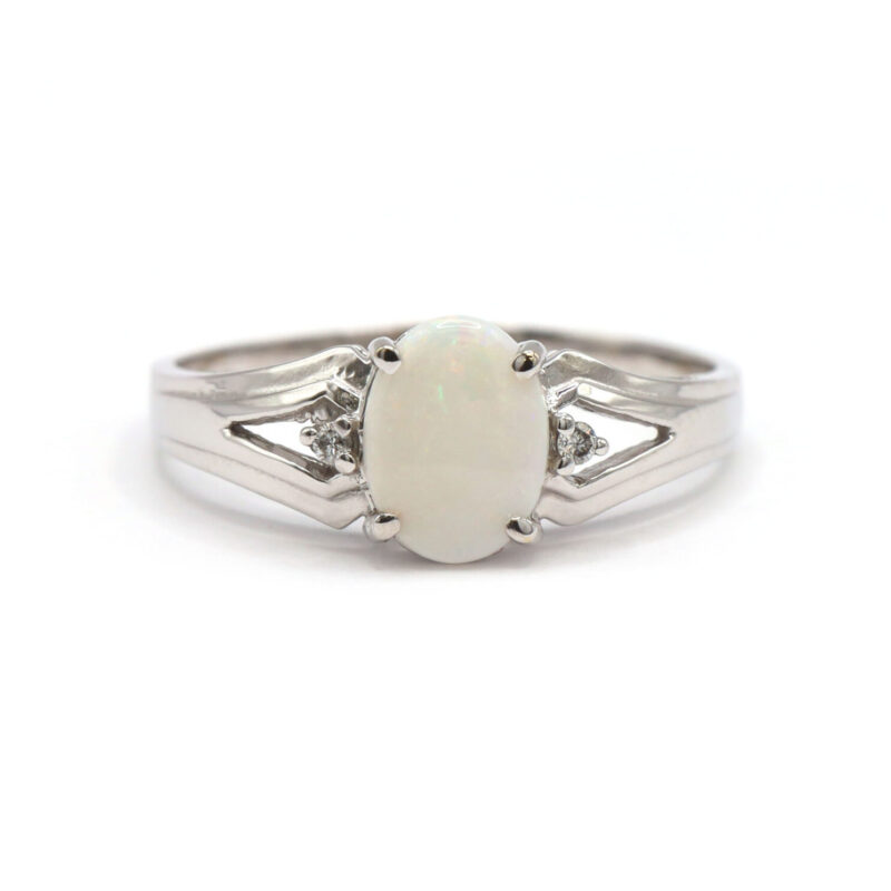 Oval White Opal And Diamond 14K White Gold Women’s Statement Ring