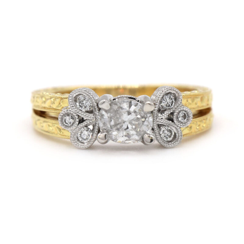 Vintage Oval Diamond Engraved 18K Two-Tone White Yellow Gold Engagement Ring