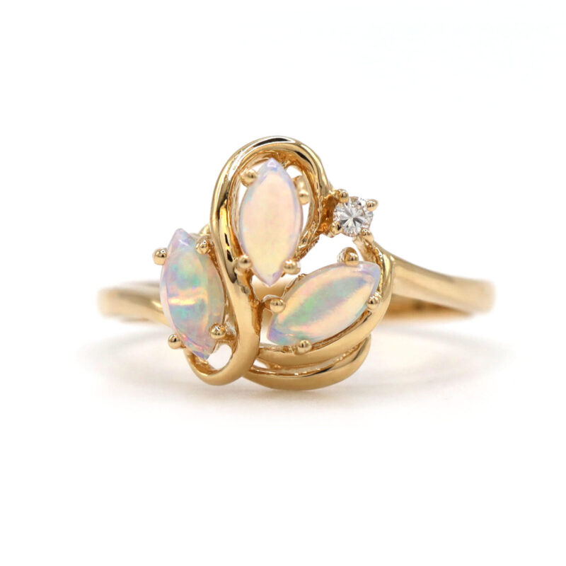 Opal Marquise Three Stone And Diamond 14K Yellow Gold Swirl Statement Ring