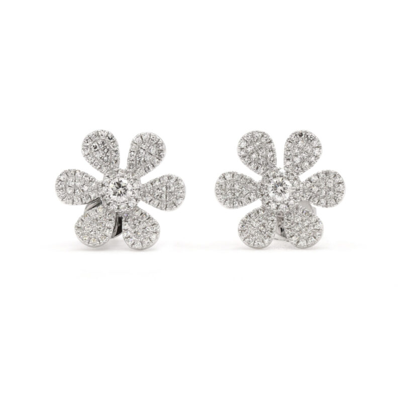 Diamond Pave Flower Dainty 14K White Gold Earrings