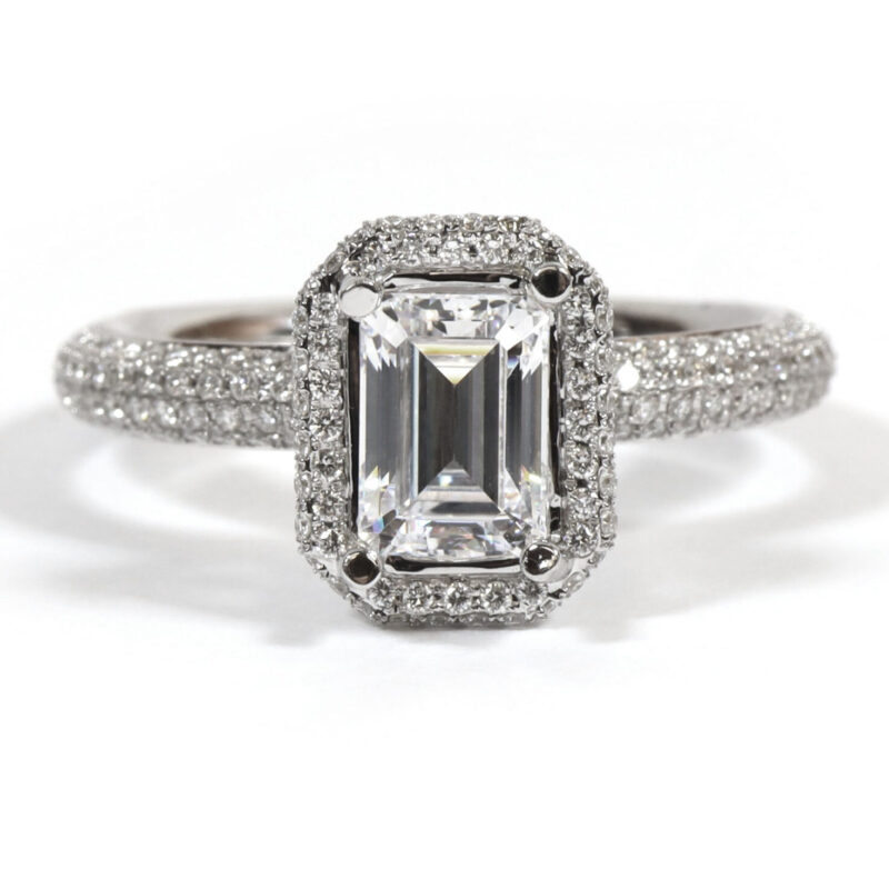 Diamond Pave 18K White Gold Setting Engagement Ring Mounting W/ Emerald Cut Cz