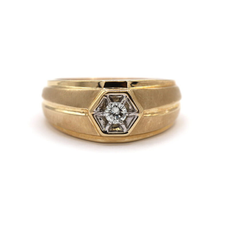 Diamond Solitaire Two Tone 10K Yellow White Gold Men’s Statement Ring