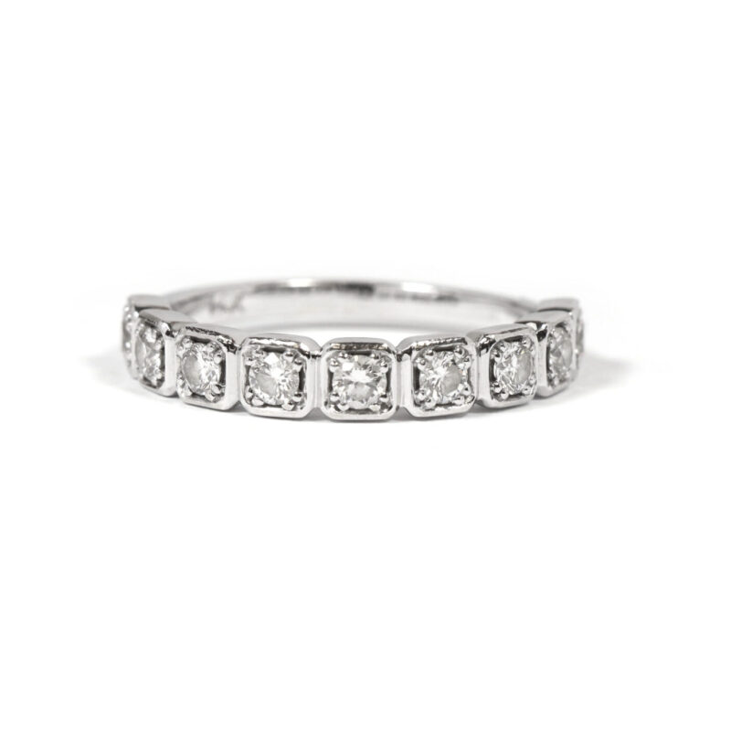 Round Diamond Cushion Cut Bezel Setting 14K White Gold Stacking Band Ring