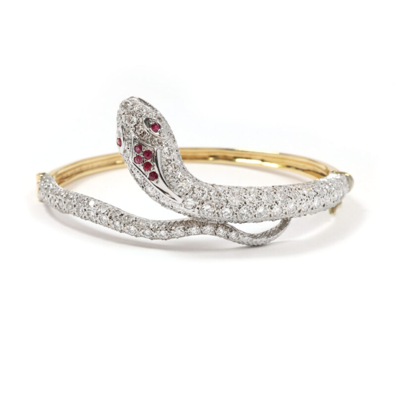 4.50CTW Diamond And Ruby Snake 14K White And Yellow Gold Bangle Bracelet