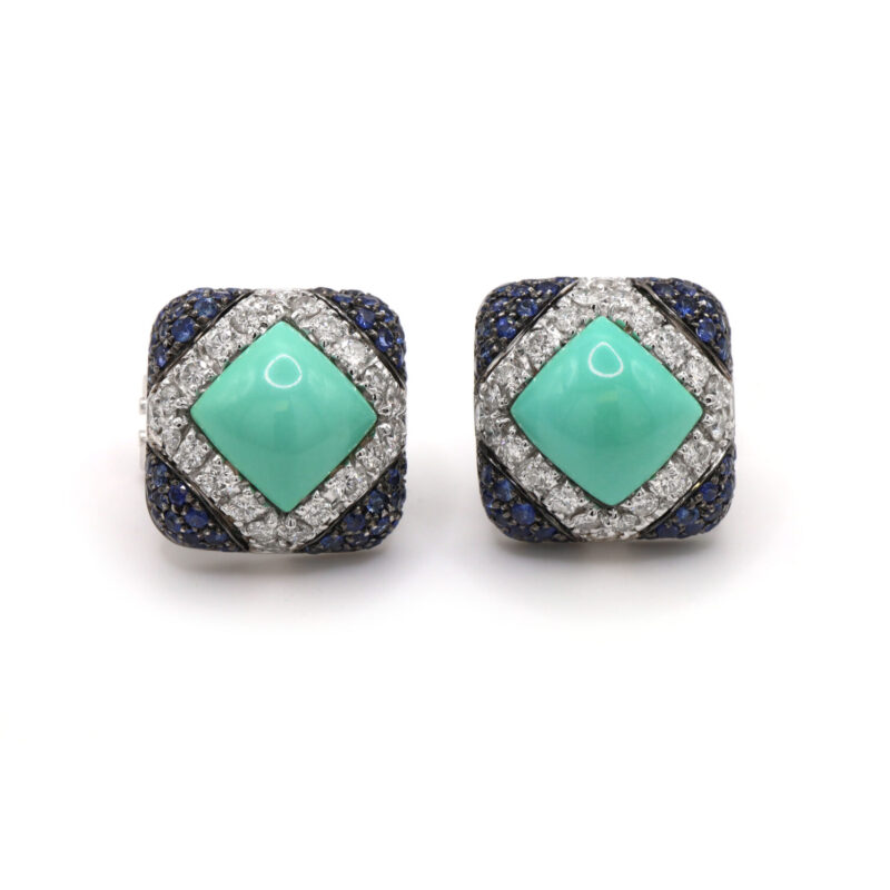 Turquoise Square Cut Sapphire Diamond Pave Platinum Omega Backing Earrings