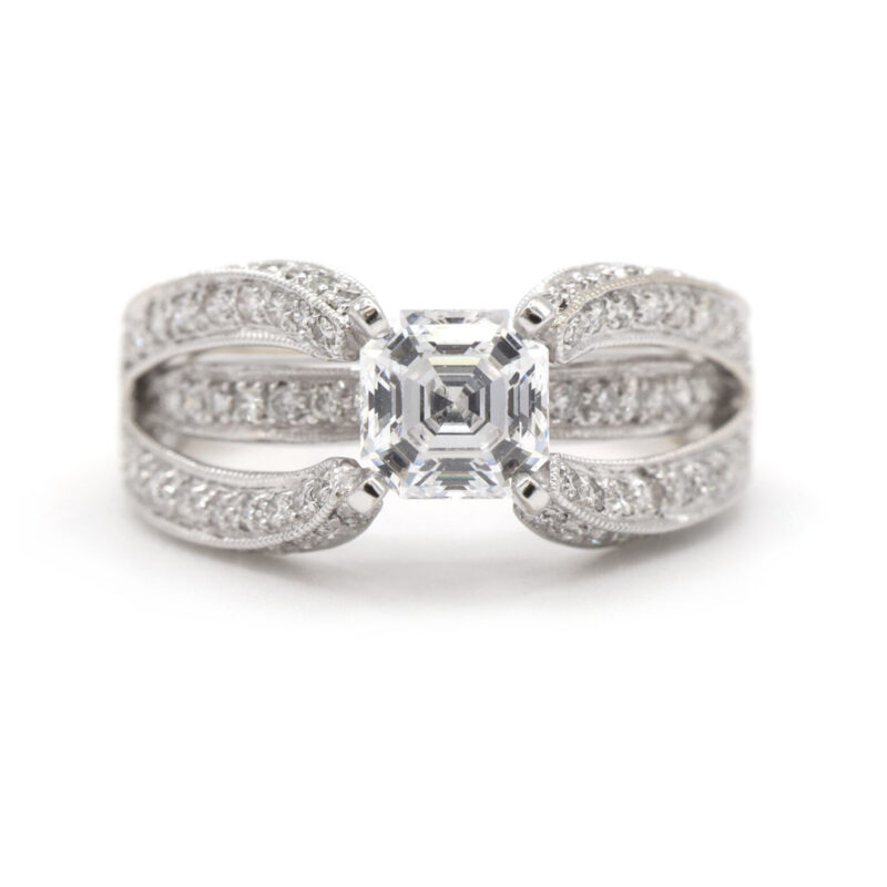 Asscher Cut .70CT Diamond Pave 18K White Gold Engagement Ring Semi Mount Setting