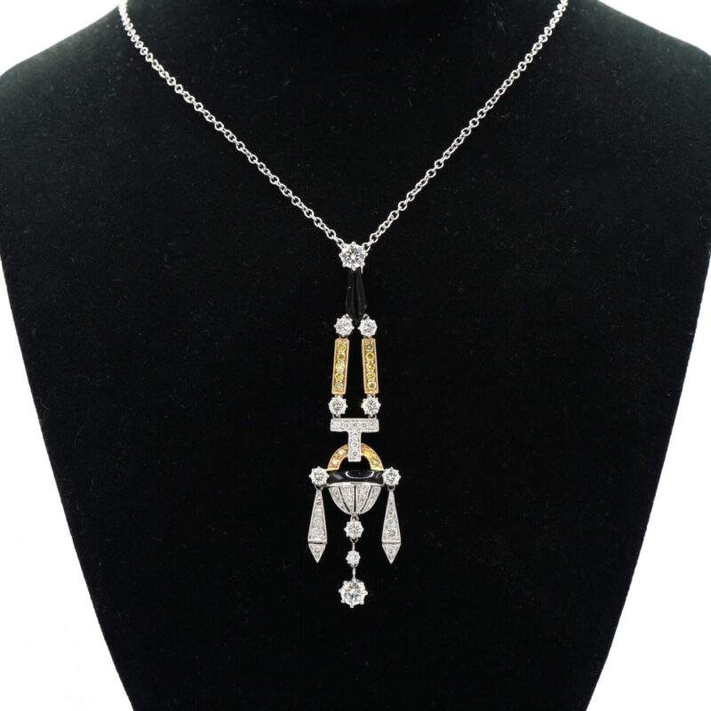 2CT Yellow White Diamond Onyx Art Deco 18K White Yellow Gold Women’s Necklace