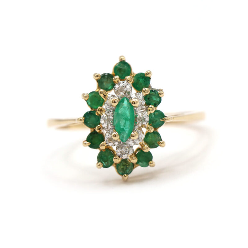 Natural Emerald Diamond Marquise Double Halo 14K Yellow Gold Statement Ring