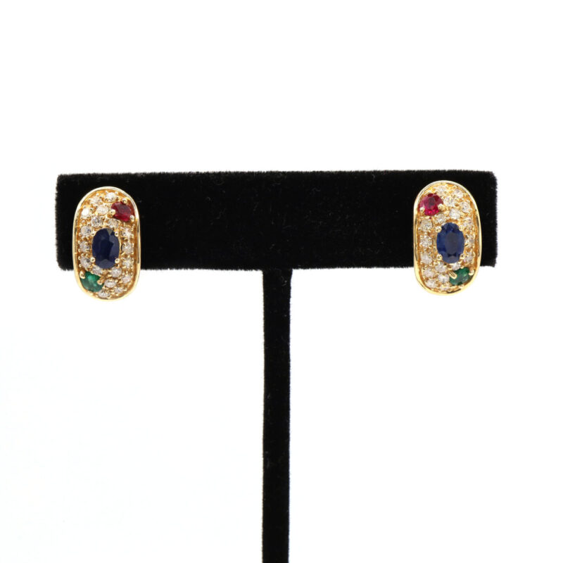 Pave Diamond Sapphire Ruby Emerald Oval 14K Yellow Gold Omega Clasp Earrings