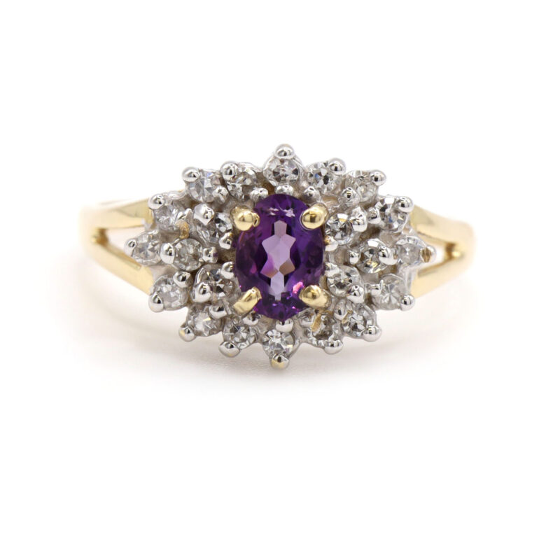 Oval Amethyst And Diamond Cluster Two Tone 14K Yellow White Gold Statement Ring
