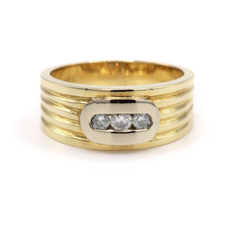 Diamond Row Thick Gold Band Two-Tone 14K Yellow White Gold Unisex Ring