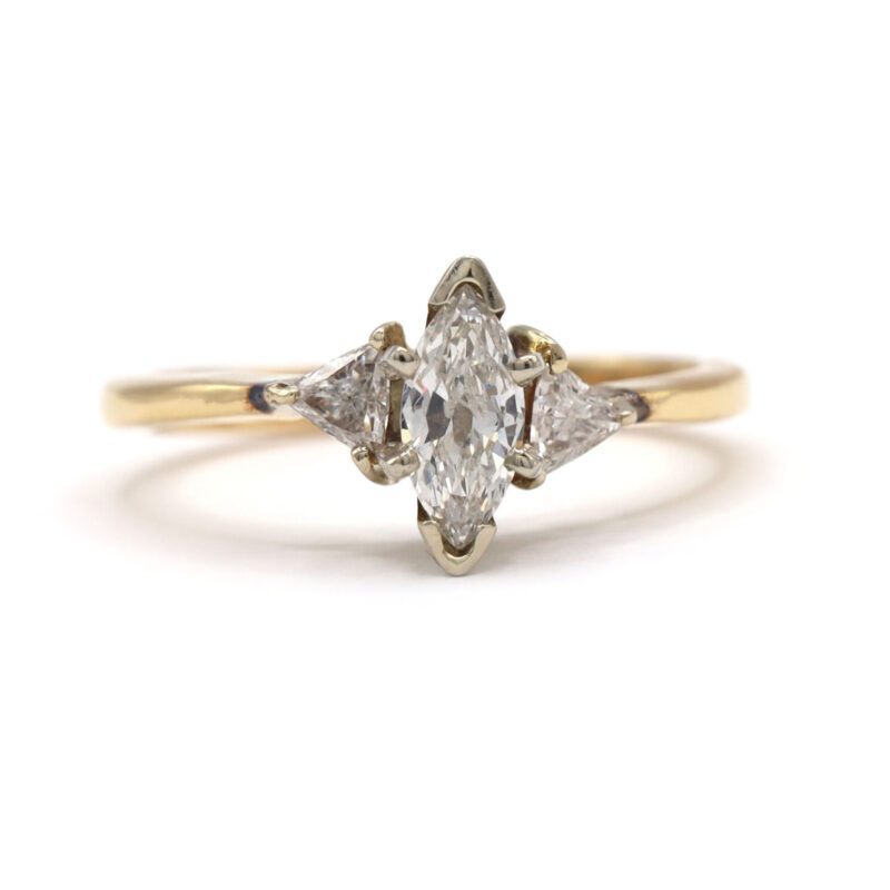 Marquise Trillion Diamond Three Stone 14K Yellow Gold Statement Engagement Ring