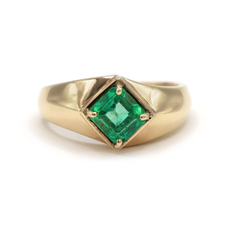 Natural Emerald 2.35CT Green Square Cut Emerald 14K Yellow Gold Statement Men’s Ring