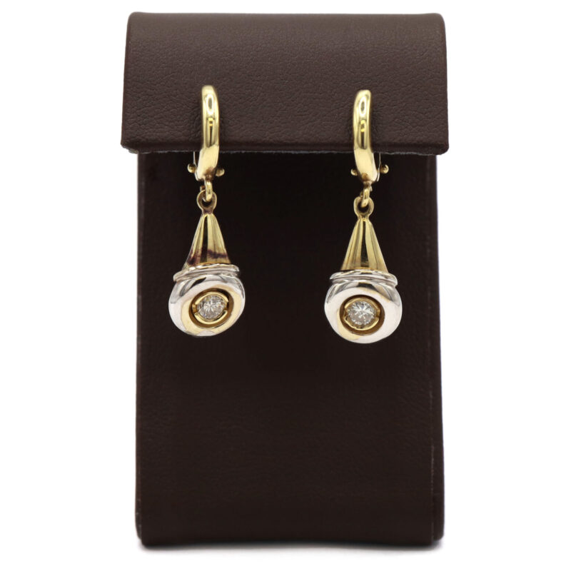 Diamond Solitaire Dangle Drop Two Tone 14K White Yellow Bezel Set Hoop Earrings