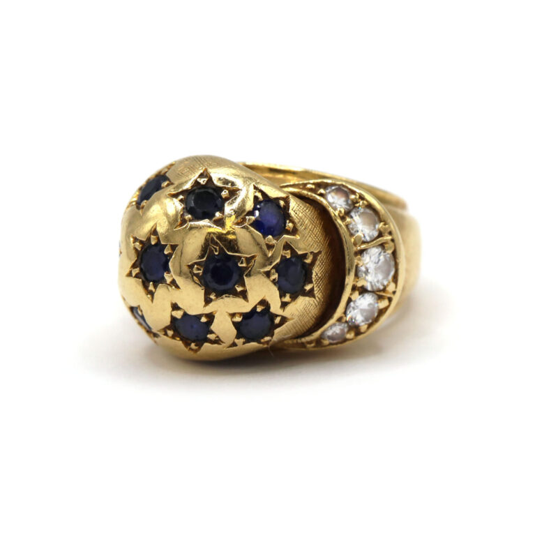 Blue Sapphire Diamond 18K Yellow Gold Circa 1970'S Statement Ring