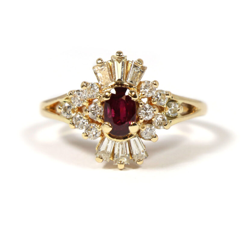 Red Oval Ruby And Baguette Round Diamond Ballerina 18K Yellow Gold Ring