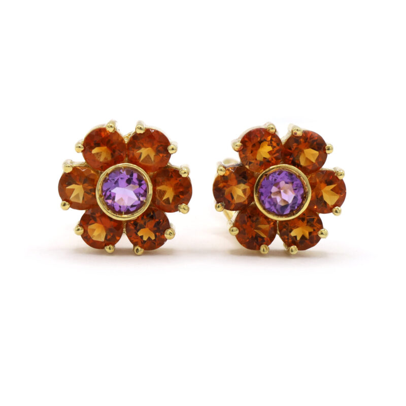 Citrine And Amethyst Round Flower 18K Yellow Gold Bezel Set Women’s Earrings