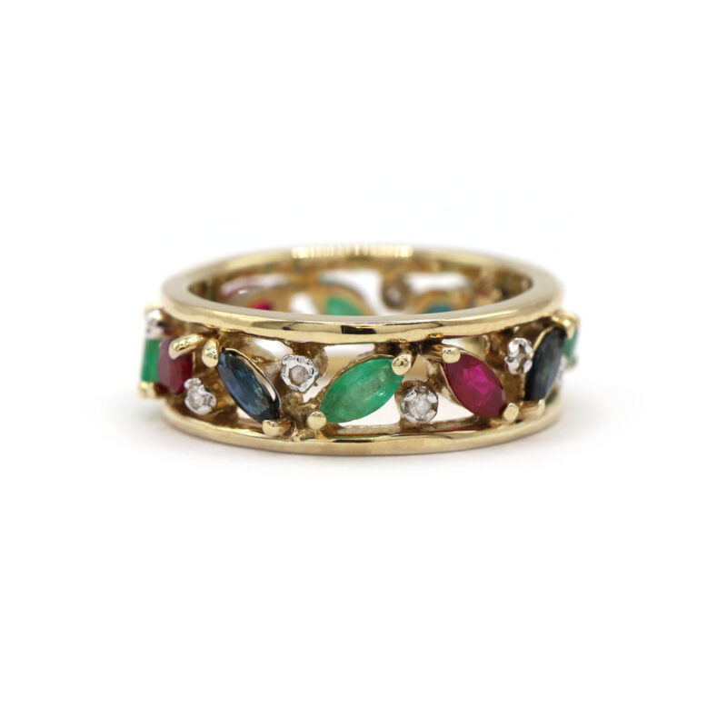 Ruby Sapphire Emerald Diamond Marquise Thick 10K Yellow Gold Eternity Band Ring