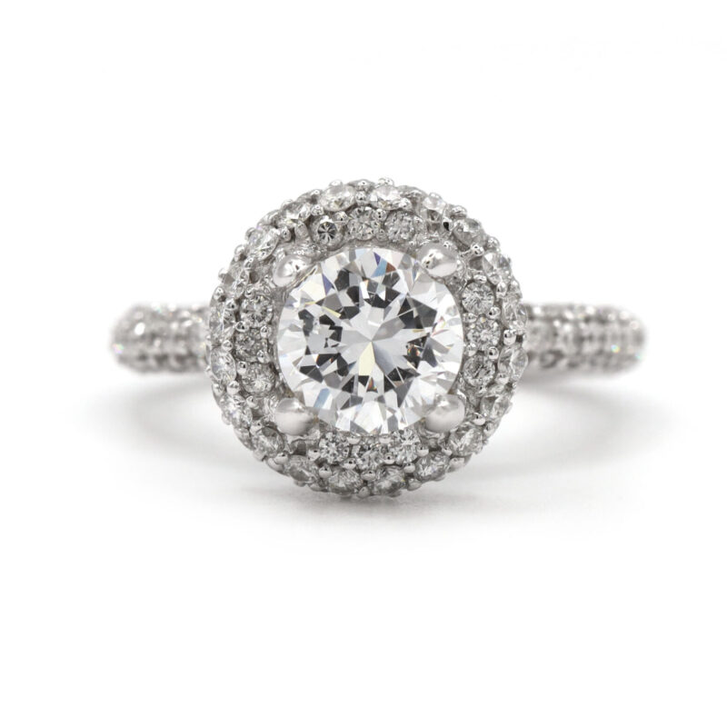 Natural Diamond Pave Halo Tall Semi Mount Engagement Ring 18K White Gold Setting