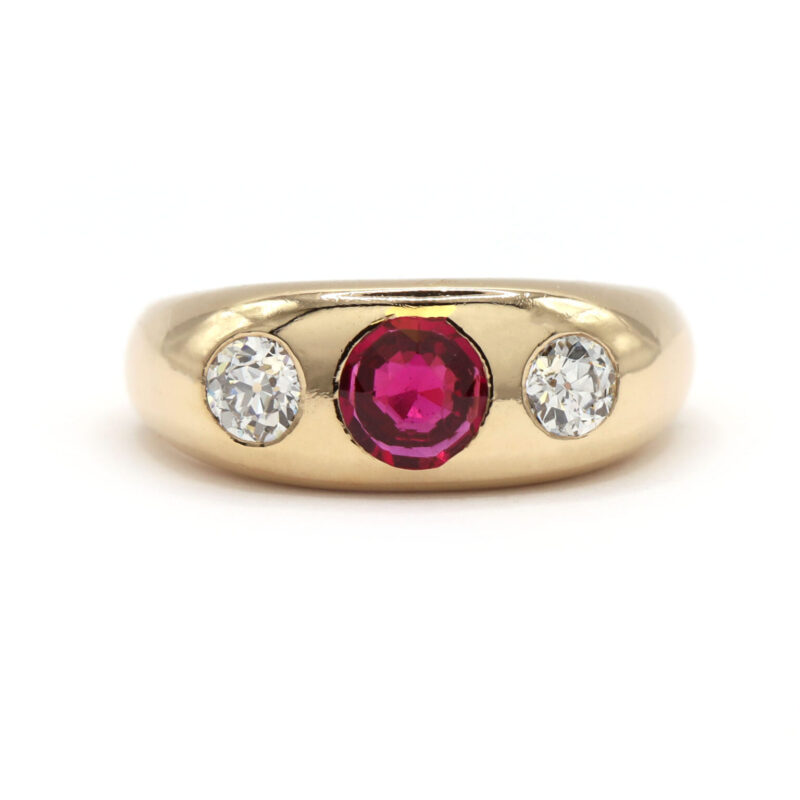 Natural Ruby Round Old European Cut Diamond Gypsy Set 14K Yellow Gold Mens Ring