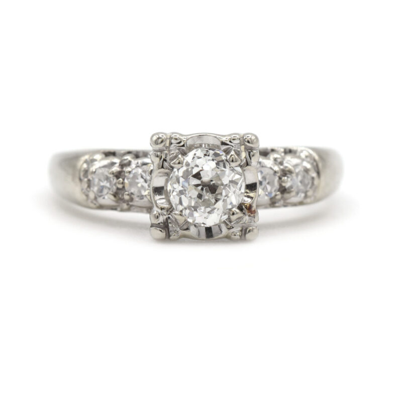 Old European Cut Natural Diamond Vintage 14K White Gold Engagement Ring
