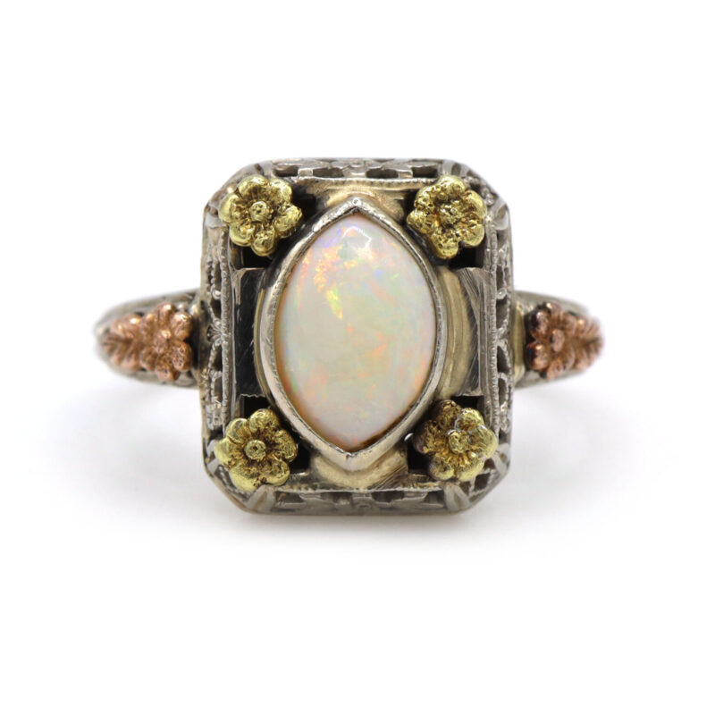 Marquise Opal Hand Made Triple Tone 10K White Yellow Rose Gold Vintage Ring