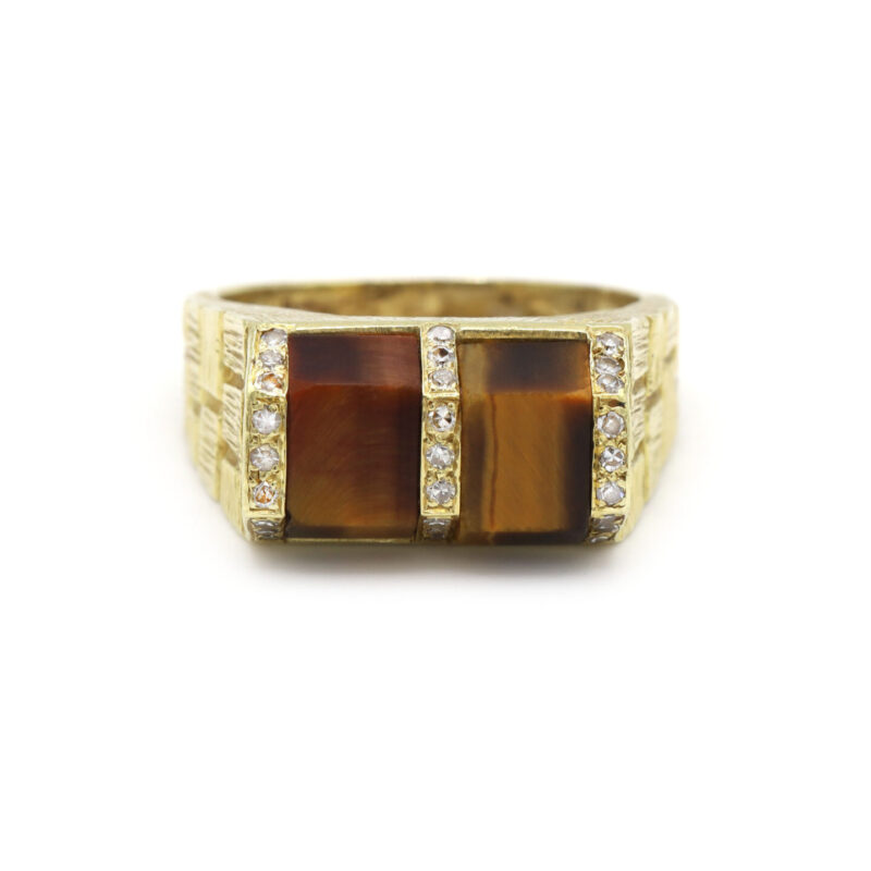 Brown Tigers Eye Diamond Brick 18K Yellow Gold Men’s Statement Ring