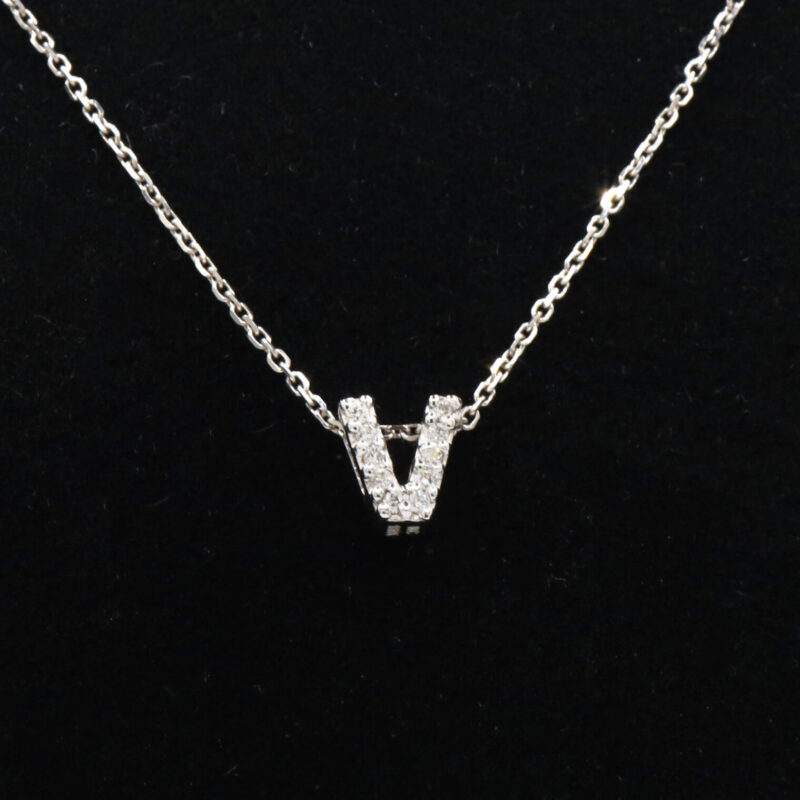Roberto Coin Tiny Treasures Diamond Love Letter V 18K White Gold Charm Necklace