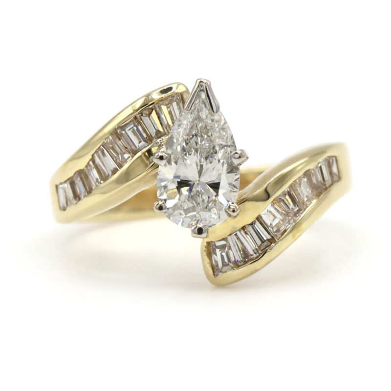 1.88CT Natural Pear Diamond Baguette Channel 14K Yellow Gold Engagement Ring