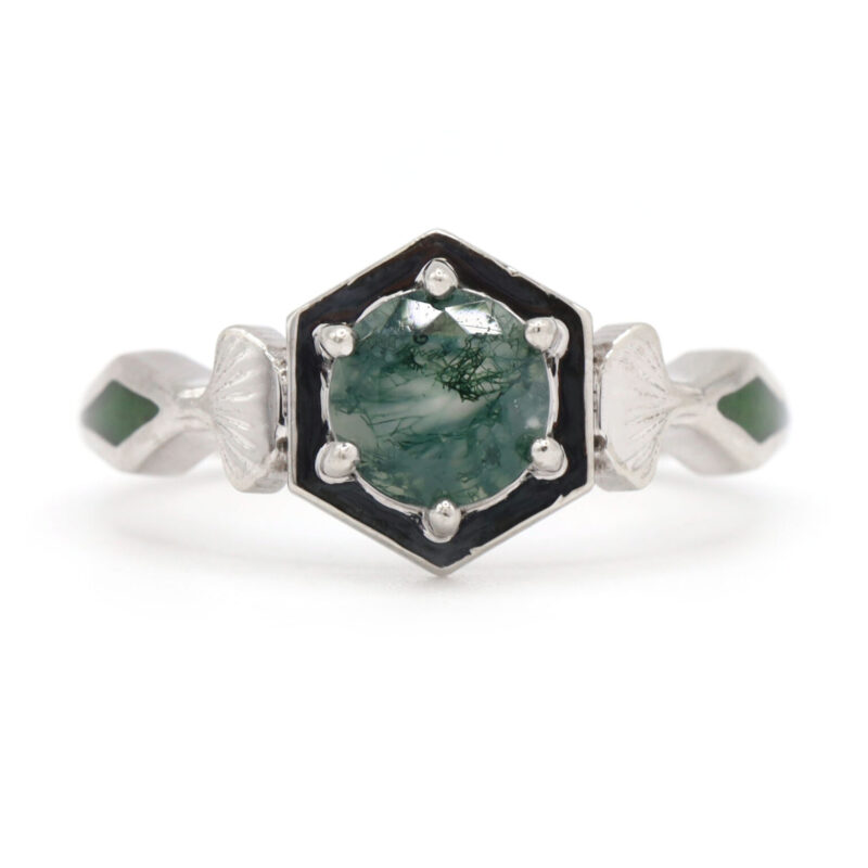Moss Agate Hexagon Nautical Inlay 14K White Gold Engagement Statement Ring