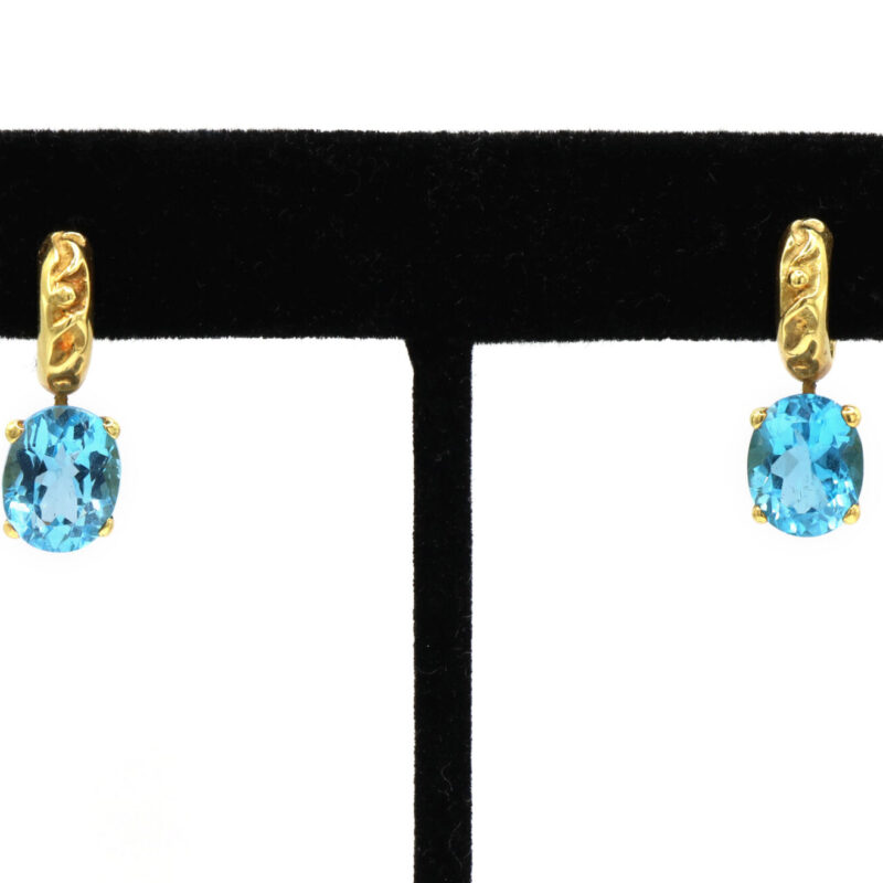 Swiss Blue Oval Topaz 18K Yellow Gold Dangle Huggie Women's Earrings