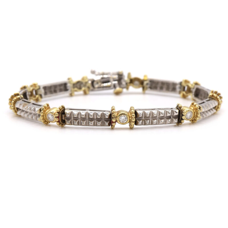 Diamond Bezel Set Two Tone Stud Link Unique 14K White Yellow Gold Bracelet