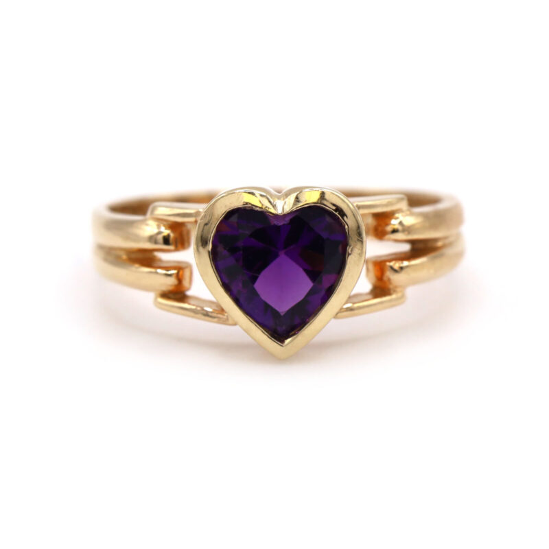 Heart Amethyst Gemstone Bezel Set 14K Yellow Gold Statement Women’s Ring