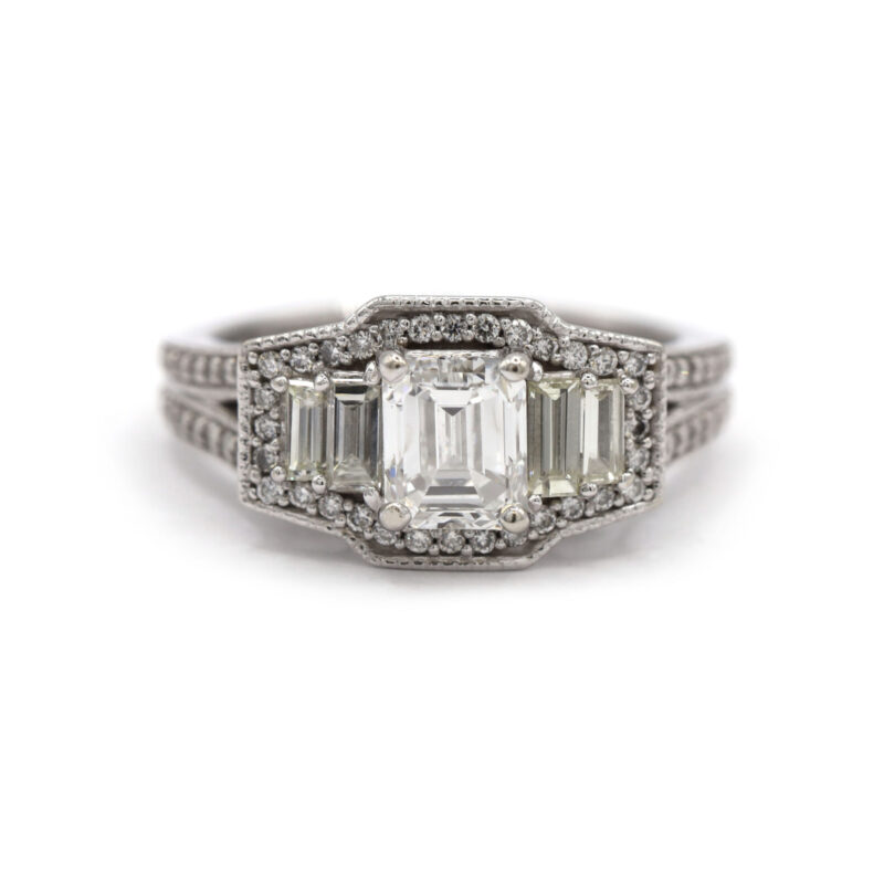 Emerald Cut Baguette Diamond Pave Halo Split Shank 14K Whitegold Engagement Ring
