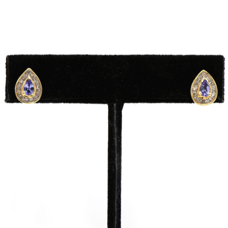 Pear Tanzanite Diamond Halo 14K Yellow Gold Women’s Stud Earrings