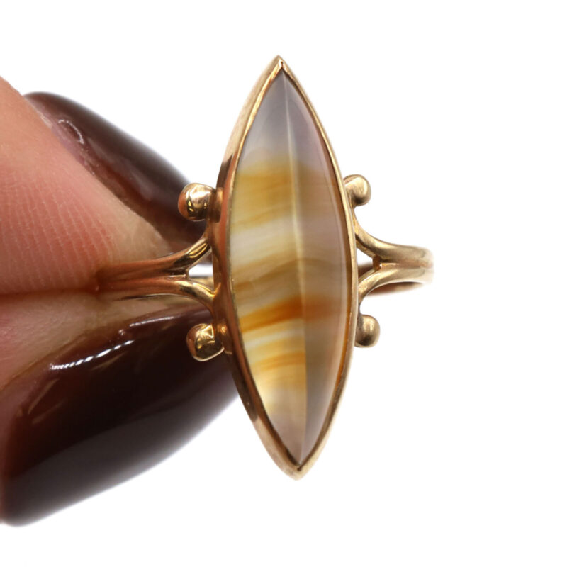 Agate Knife-Edge Marquise Cabochon 14K Yellow Gold Women’s Statement Ring