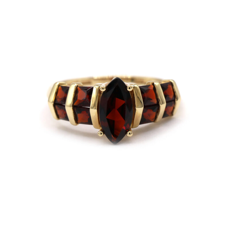 Red Garnet Marquise Princess Cut 14K Yellow Gold Women’s Statement Ring