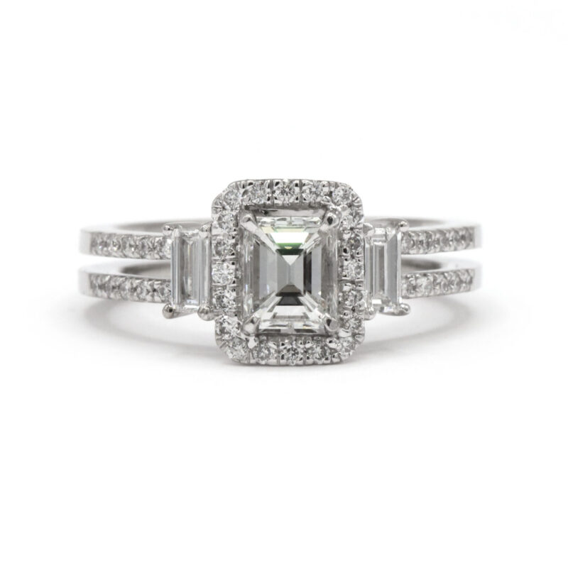 1.45CT Emerald Cut Halo And Baguette Diamond Pave 18K White Gold Engagement Ring