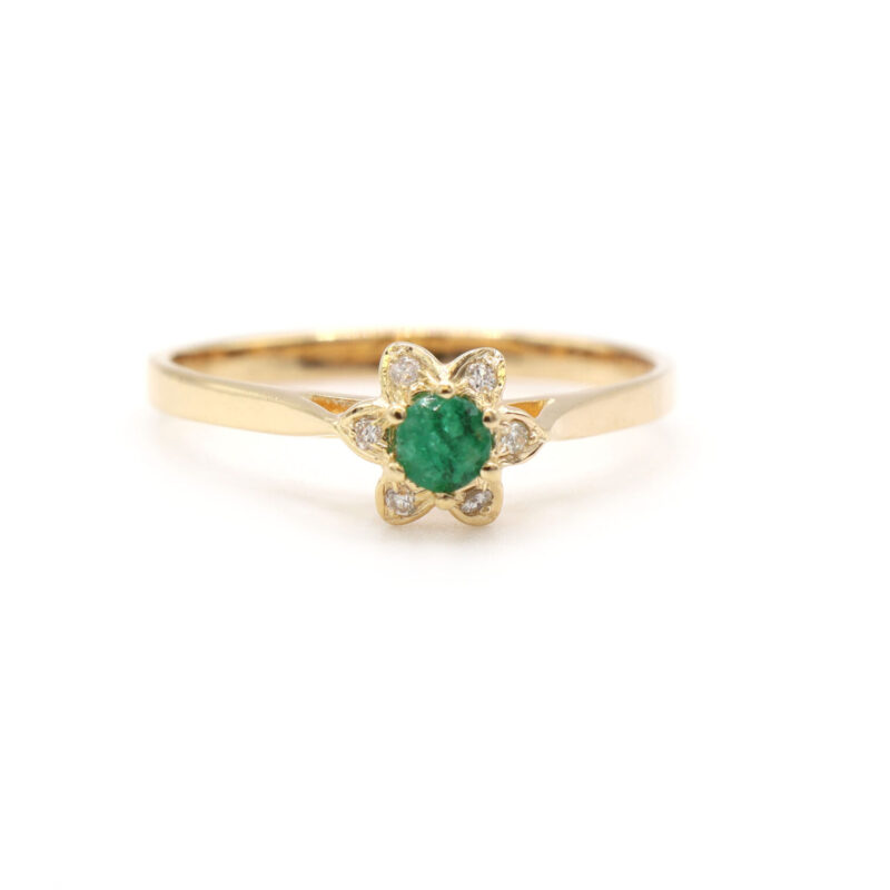 Green Round Emerald And Diamond Flower Dainty 14K Yellow Gold Ring