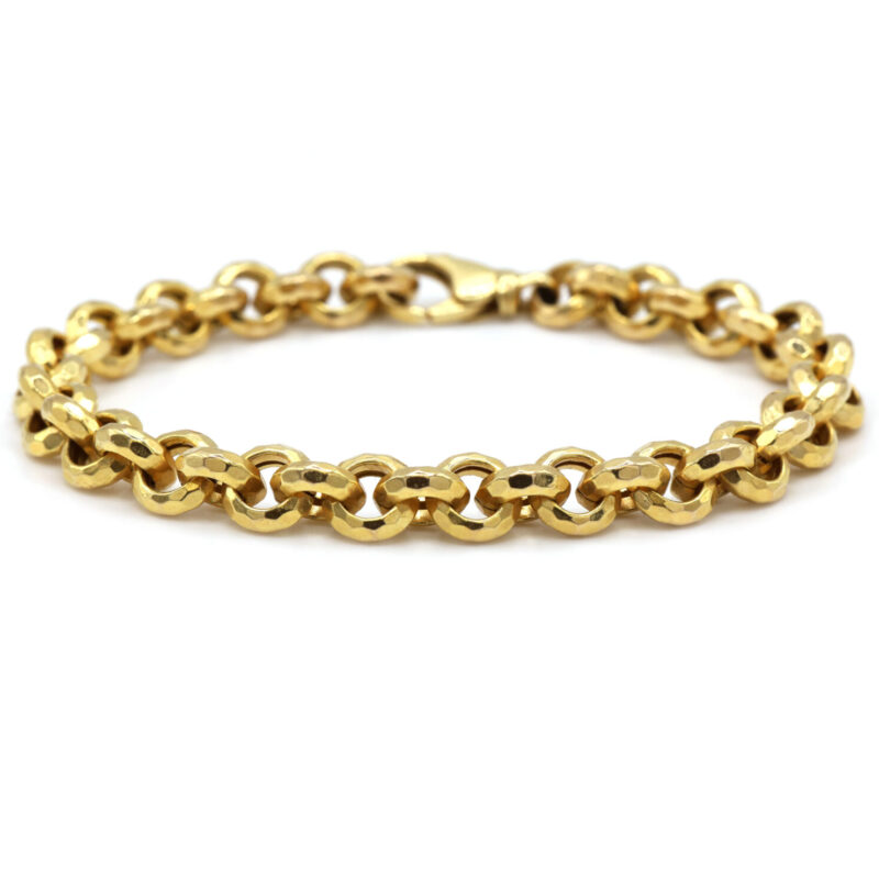 Rolo Link Hammered 14K Yellow Gold Cable Link Chain Bracelet