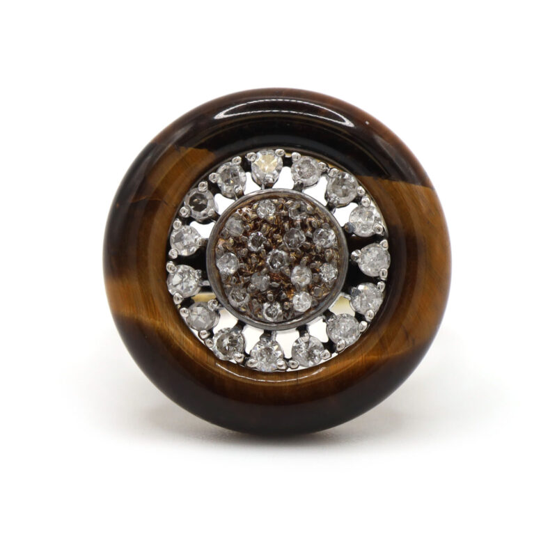 Tiger’s Eye Single Cut Diamond Antique Pave Circle Chunky 14K Yellow Gold Ring
