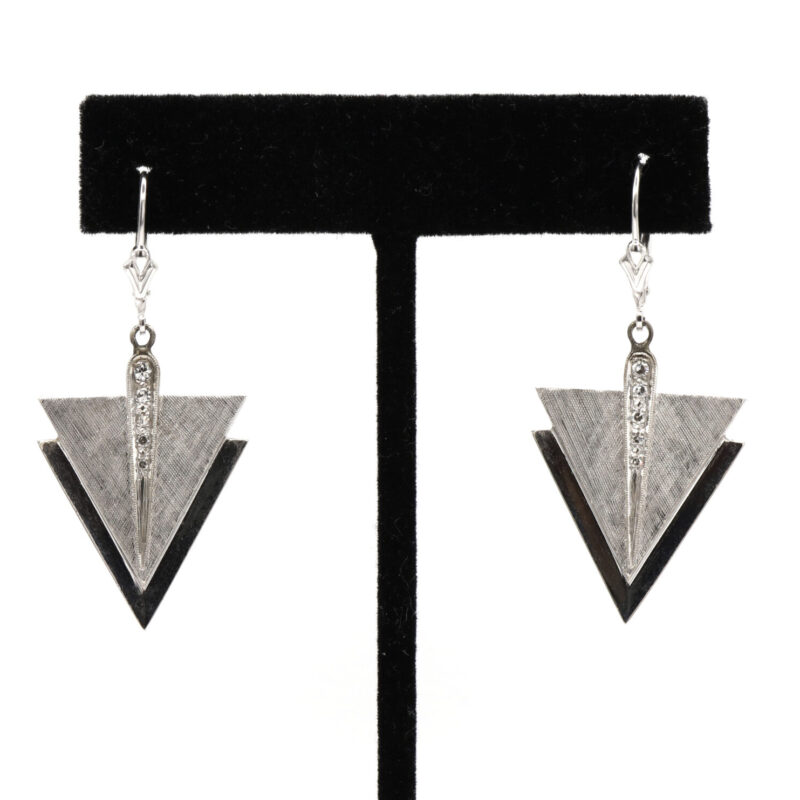Double Arrow Edge Triangle Diamond 14K White Gold Dangle Drop Women’s Earrings