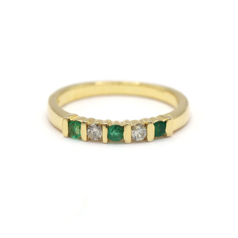 Emerald Diamond Alternating Stacking 5 Stone 14K Yellow Gold Band Ring