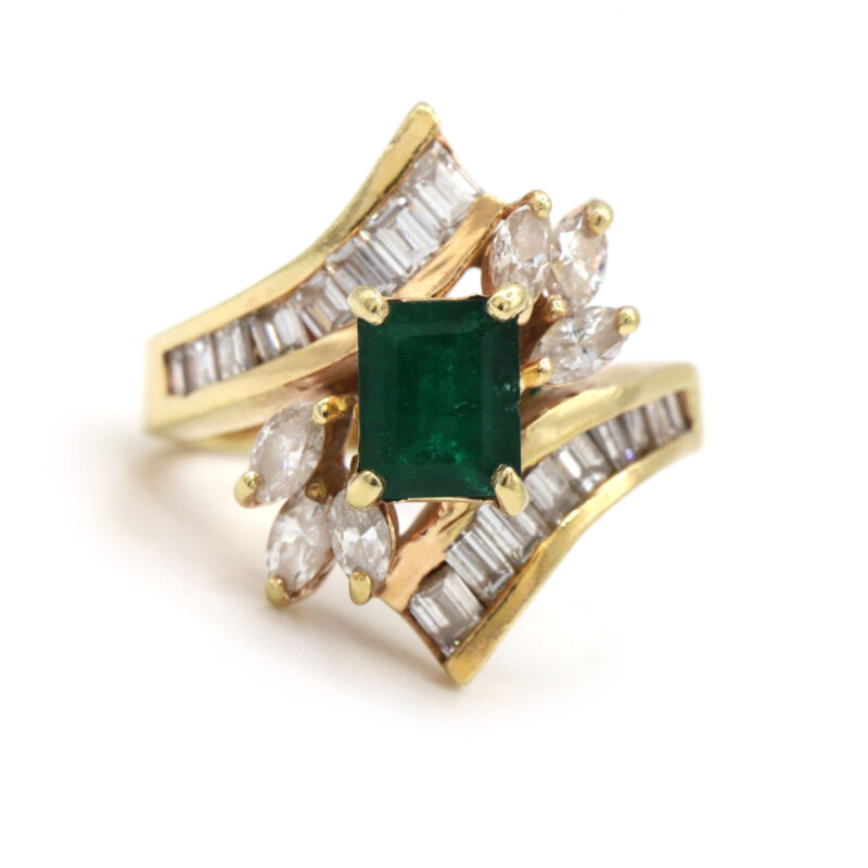 Emerald Cut Emerald Diamond Baguette Marquise 14K Yellow Gold Engagement Ring