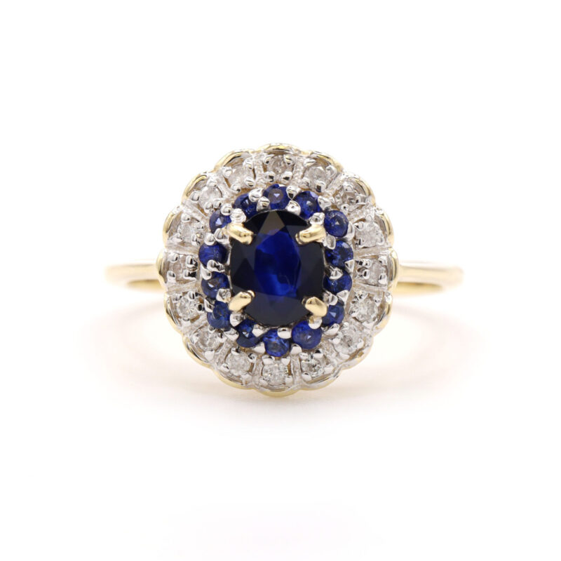 Oval Blue Sapphire Double Halo Diamond Monochromatic 14K Yellow Gold Ring