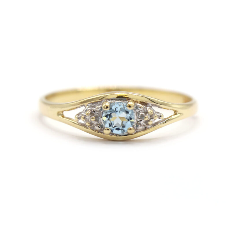 Natural Aquamarine And Diamond Round 10K Yellow Gold Women’s Ring