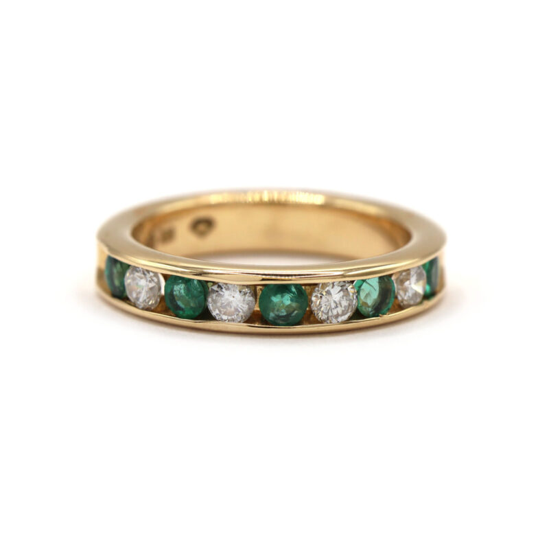 Emerald Diamond Alternating Stacking Solid 14K Yellow Gold Band Ring